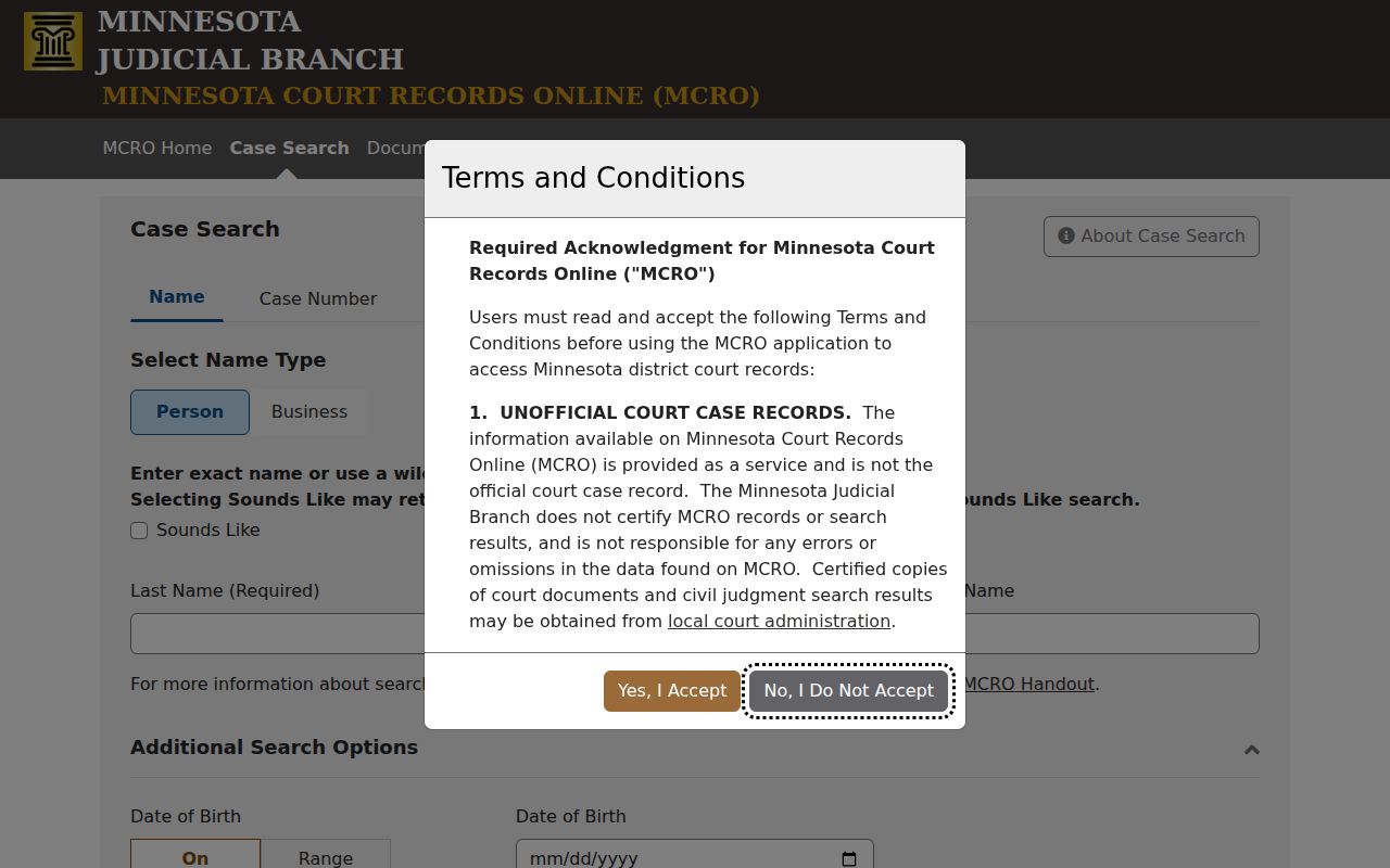 Sibley County case search MCRO portal