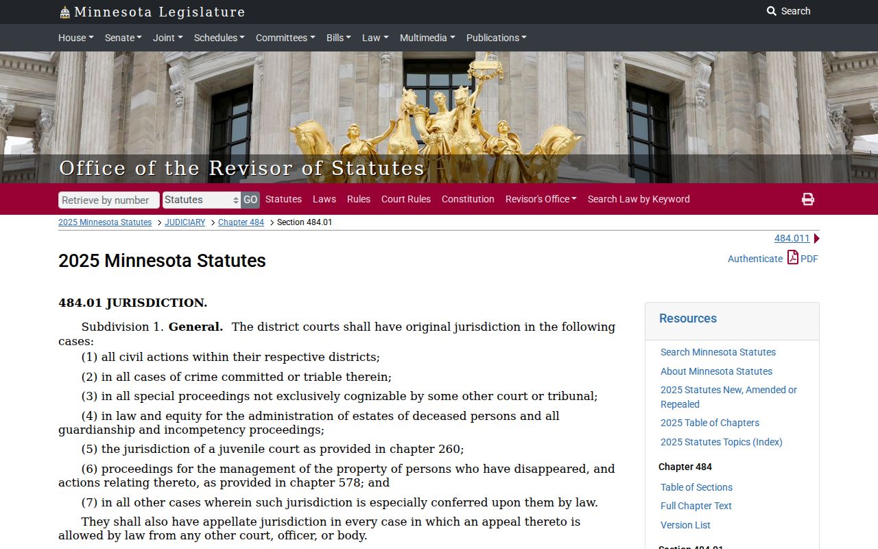 Sibley County civil docket District Court jurisdiction statute