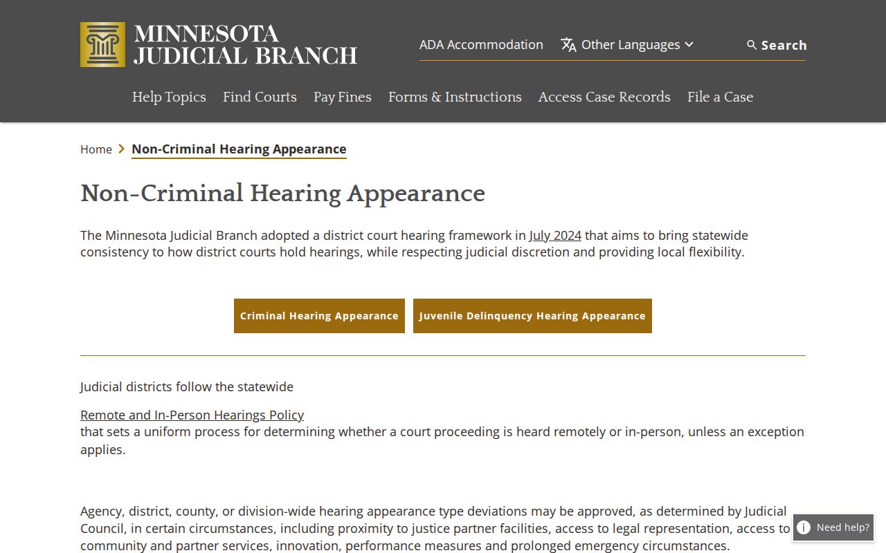 Sibley County court calendar non-criminal hearing appearance guidance