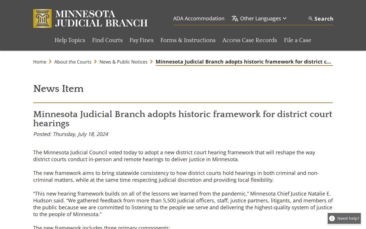 Sibley County court calendar statewide hearing framework