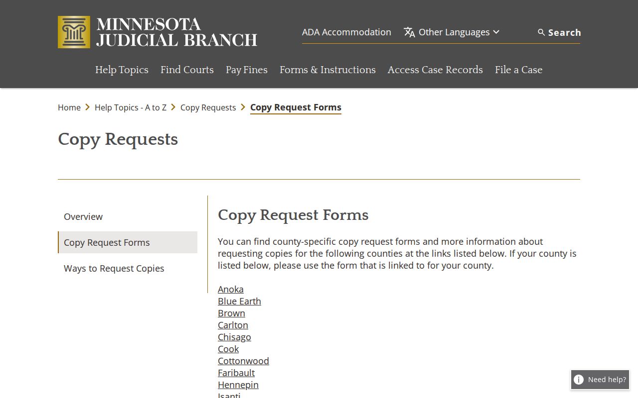 Sibley County court records copy request forms