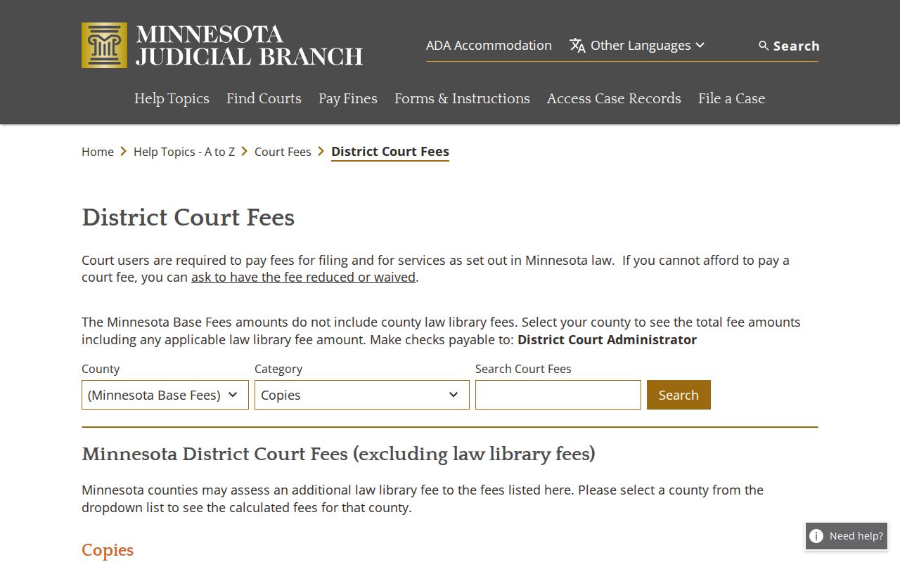 Sibley County court records District Court fee schedule