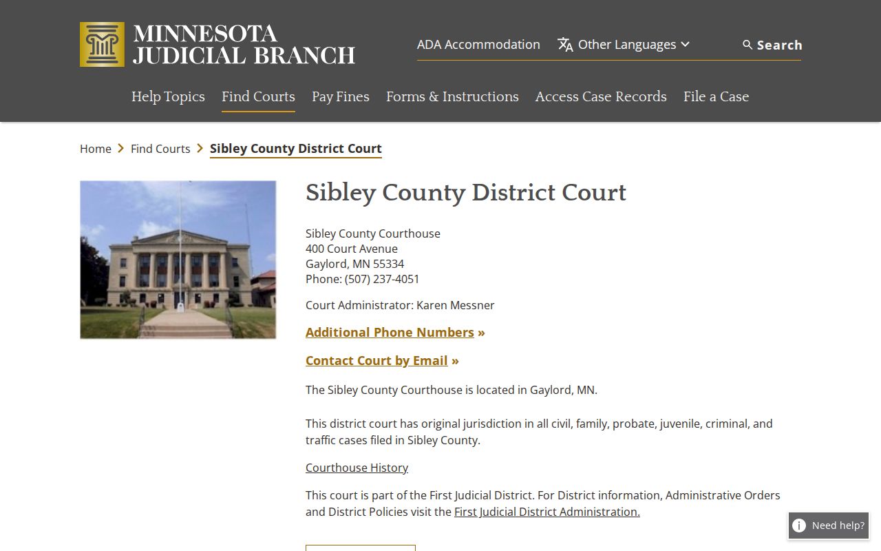 Sibley County court docket and District Court record access