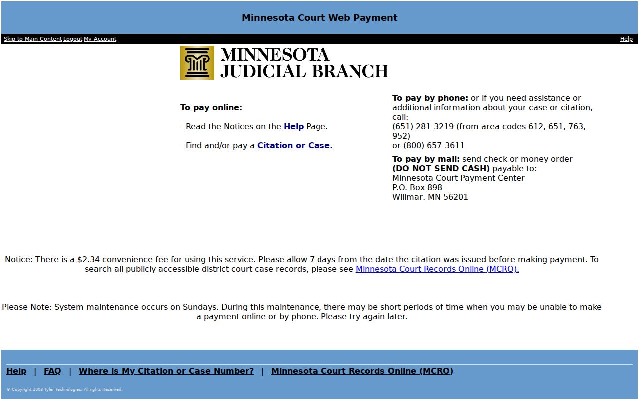 Sibley County traffic court records Court WebPay screen